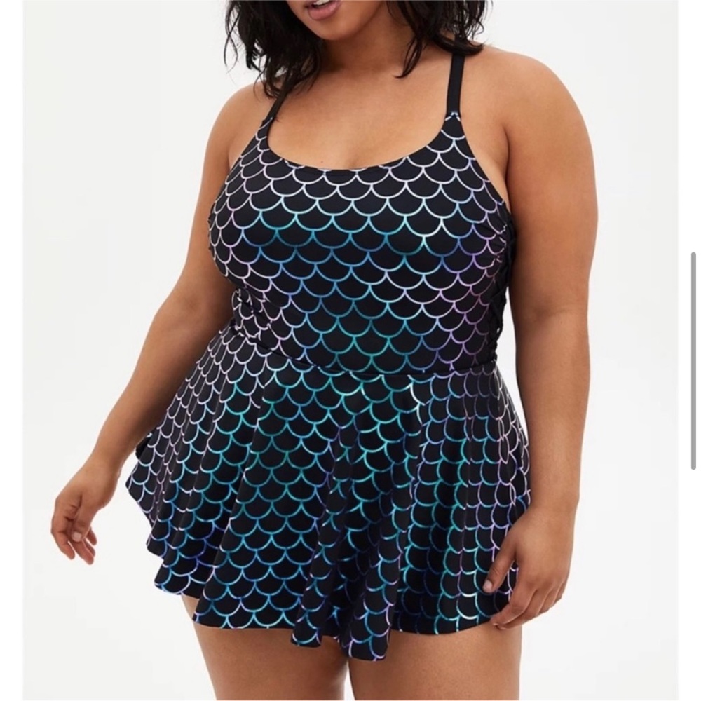 Torrid Iridescent Mermaid Scale Lattice Side Tie Peplum Swim Dress Swimsuit 2X